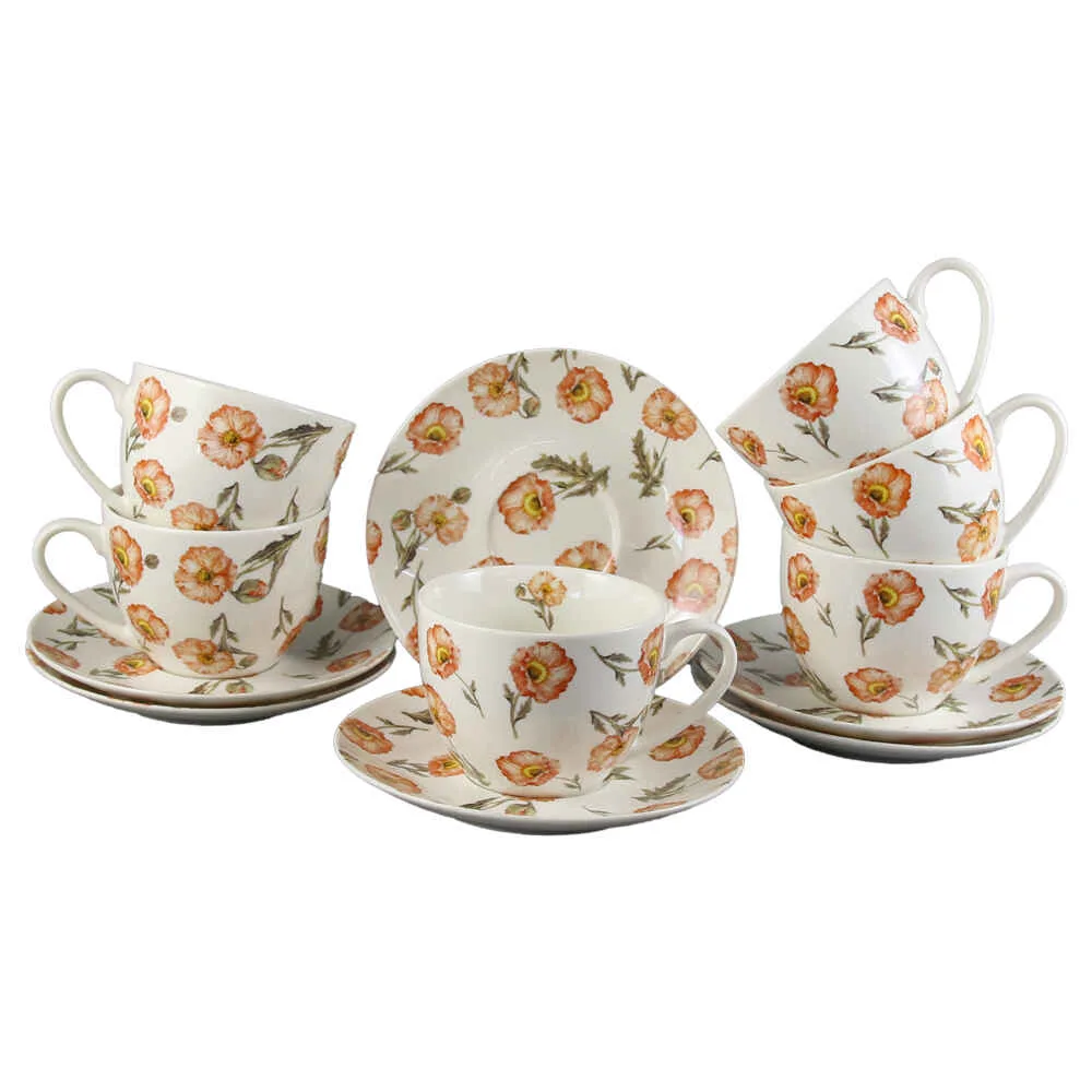 Set 6 cesti cu farfurie din portelan 280 ml, "Wild Poppies"