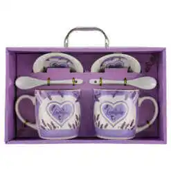 Set 2 cani cu farfurii si lingurite din ceramica Lavender fluturasi
