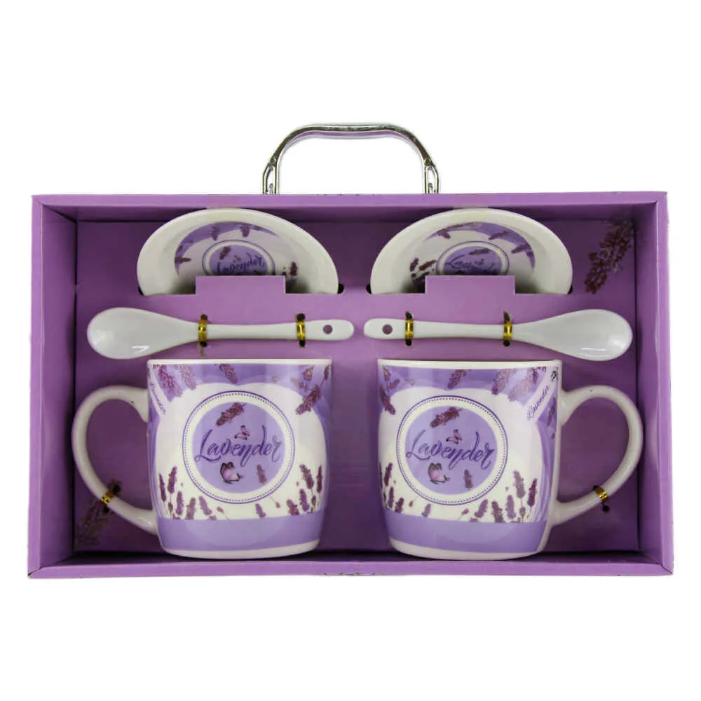 Set 2 cani cu farfurii si lingurite din ceramica Lavender fluturasi - imagine 2