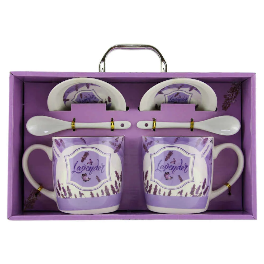Set 2 cani cu farfurii si lingurite din ceramica Lavender fluturasi - imagine 3