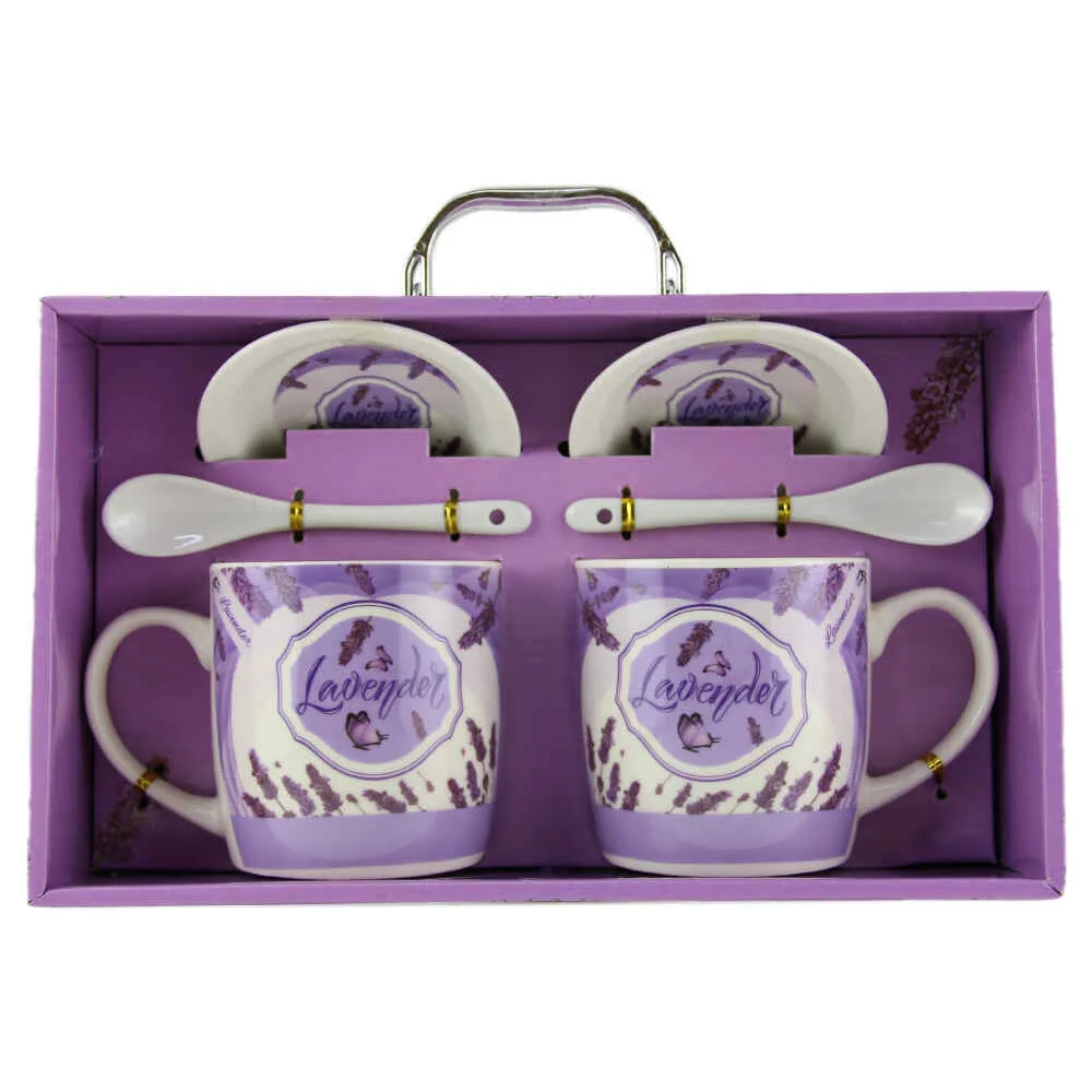 Set 2 cani cu farfurii si lingurite din ceramica Lavender fluturasi - imagine 4