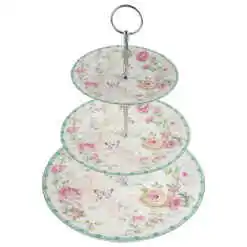 Platou cu 3 nivele pentru prajituri din ceramica Flowers, verde