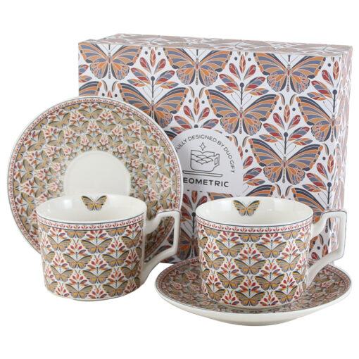 Set 2 cesti cu farfurii, din portelan "Papilio", 250 ml, in cutie decorativa, Geometric