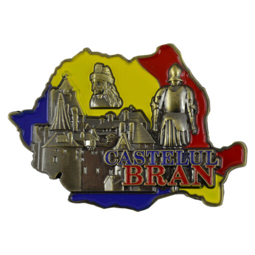 Magnet decorativ Harta Romaniei din metal 7x5 CM, Castelul Bran