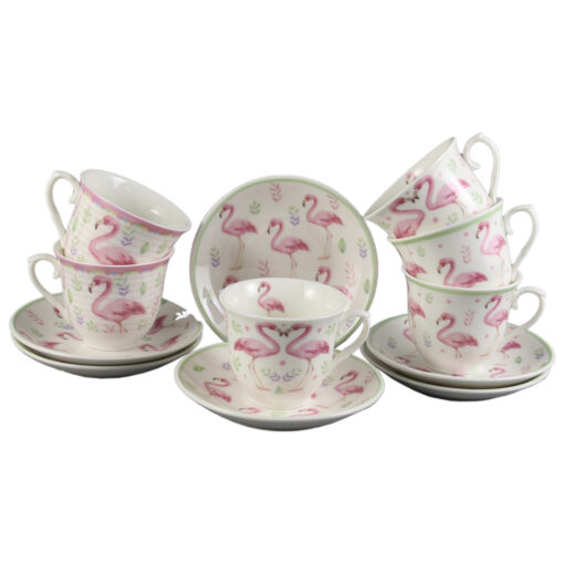 Set de 6 cesti cu farfurie 90 ml - Design Flamingo