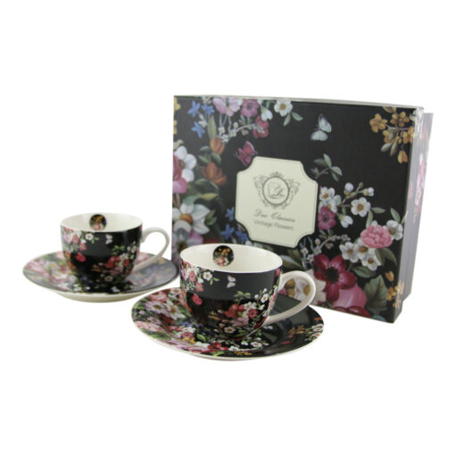 Set 2 cani expresso cu farfurii 110 ml, "Vintage Flowers Black"