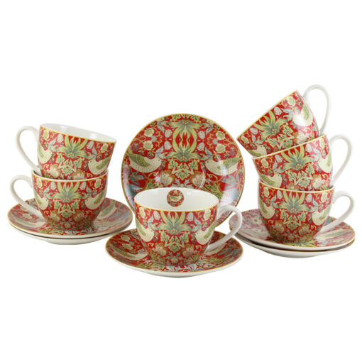 Set 6 cesti cu farfurii din portelan 280 ml "Strawberry Thief Red" de William Morris