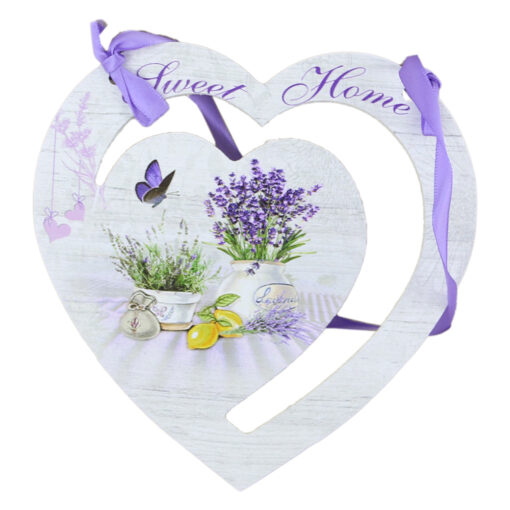 Ornament perete/usa din lemn 17 CM "Sweet Home", inima, lavanda