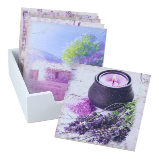 Set 6 suporturi pahare din lemn 10 CM, cu suport Lavanda