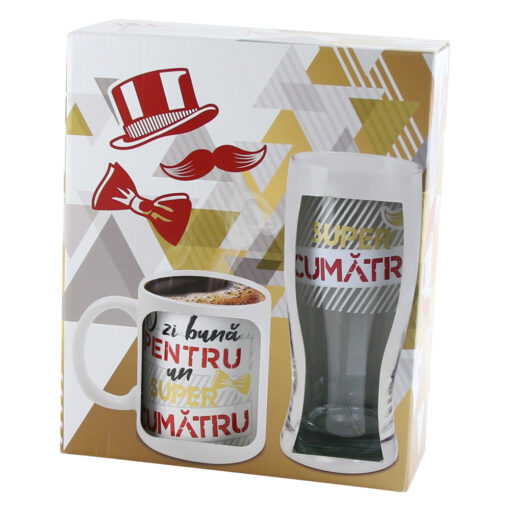 Set cadou "O zi buna pentru un Super Cumatru" Cana 300 ml cu Pahar bere 500 ml, cutie decorativa