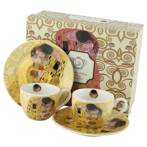 Set 2 cesti espresso cu farfurii din portelan 90 ml "The Kiss" ecru de Gustav Klimt, in cutie decorativa