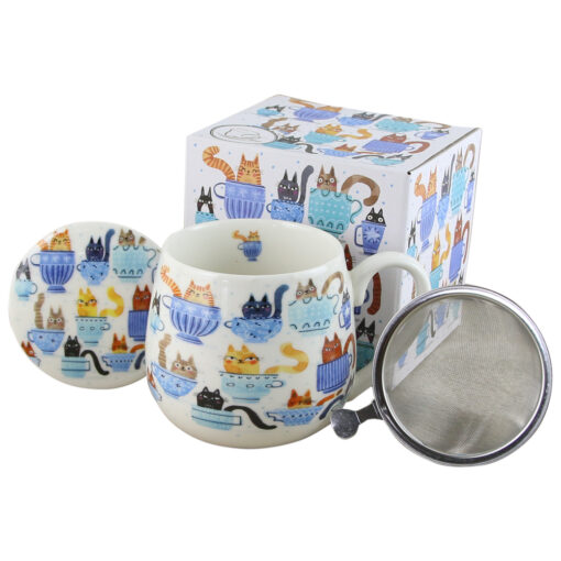 Cana portelan cu infuzor metalic si capac 430 ml, "Cats World Teacup", in cutie decorativa