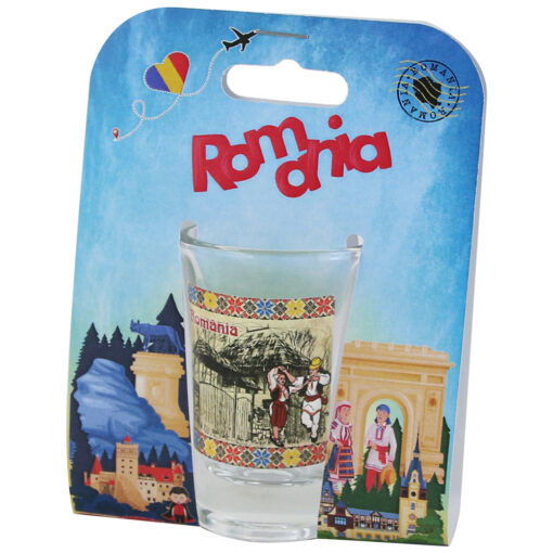 Pahar shot din sticla "Romania", Casa Taraneasca, in ambalaj decorativ