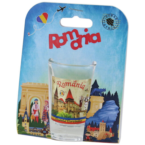 Pahar shot din sticla "Romania", Castelul Corvinilor, in ambalaj decorativ