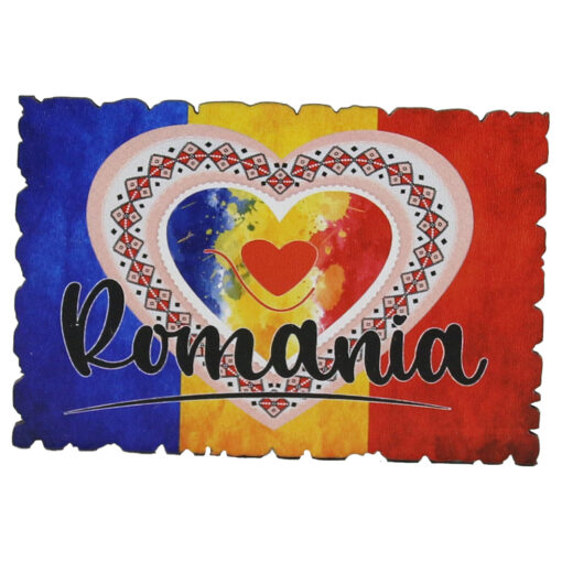 Magnet frigider din lemn, 9x6 CM, Romania, tricolor, inima