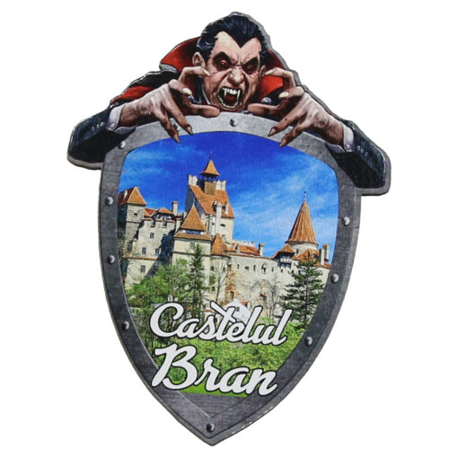 Magnet frigider din lemn, 7x9 CM, Castelul Bran, Dracula, scut