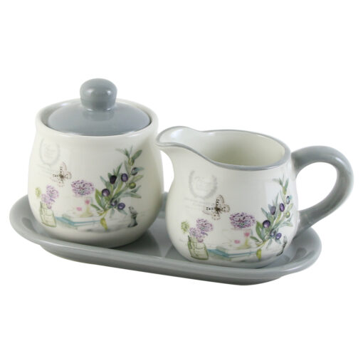 Suport din ceramica cu zaharnita si cana lapte Oliva, 22x11 CM