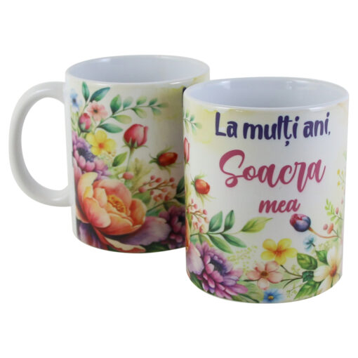 Cana ceramica "La multi ani, Soacra mea", 330 ml, flori