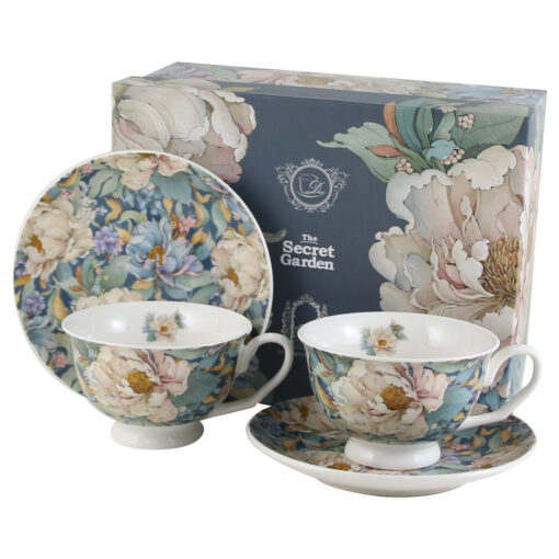 Set 2 cesti cu farfurii, din portelan "Peony Blue", 250 ml, in cutie decorativa
