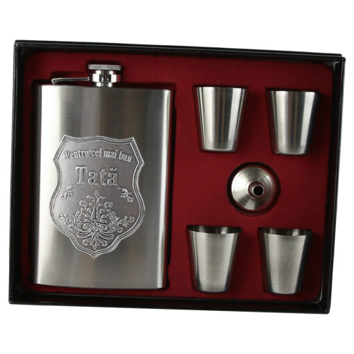 Set plosca cu palnie si 4 pahare din inox, "Pentru cel mai bun Tata", in cutie eleganta