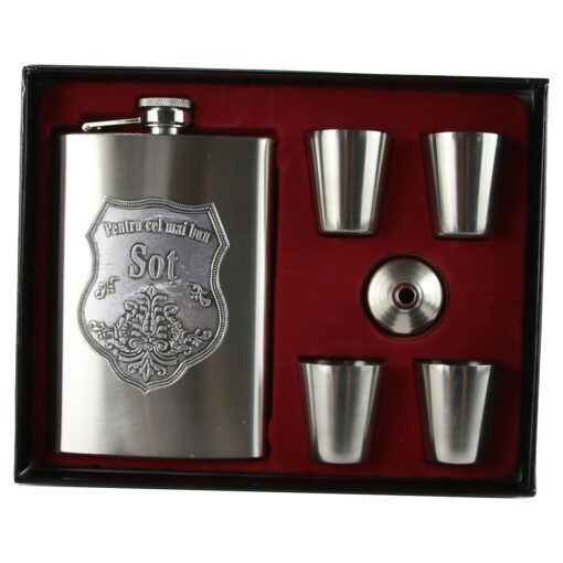 Set plosca cu palnie si 4 pahare din inox, "Pentru cel mai bun Sot", in cutie eleganta