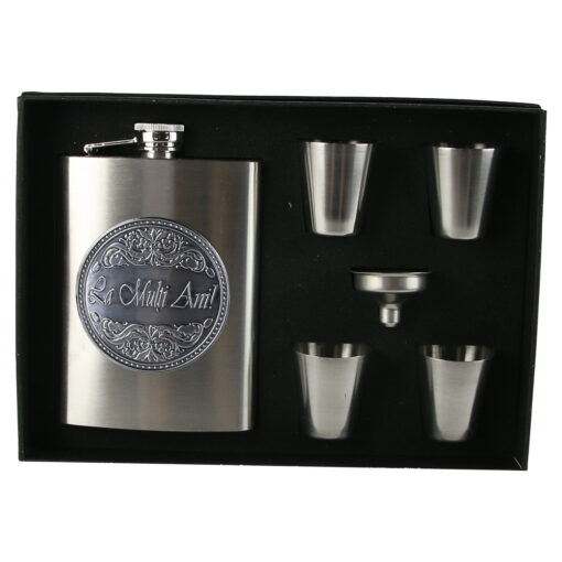 Set plosca cu palnie si 4 pahare din inox, "La multi Ani!", in cutie eleganta