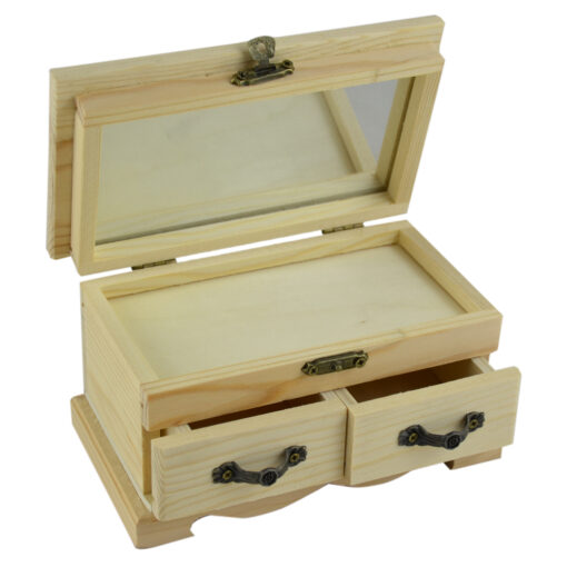 Cutie din lemn natur elegant pentru bijuterii cu 2 sertare. 1 compartiment cu 6 parti si oglinda