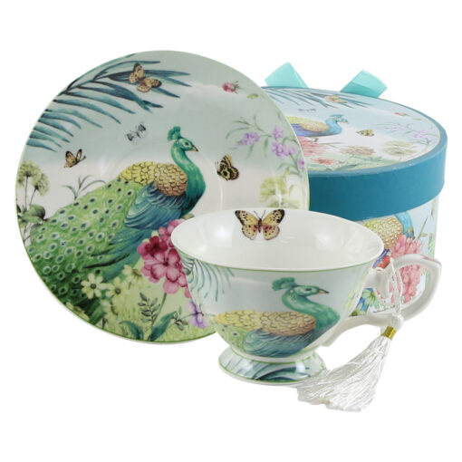 Ceasca cu farfurie din ceramica in cutie decorativa - Design Paun & Flori, 100 ml