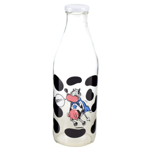 Sticla cu capac de metal pentru lapte in cutie decorativa - Super Cow