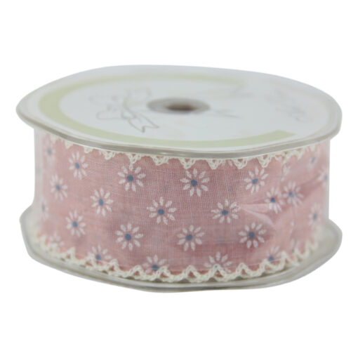 Panglica decorata cu flori 38 mm x 10 m, roz, Art Deco