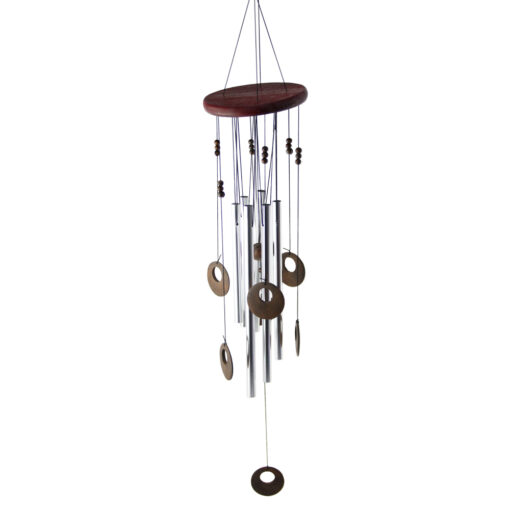 Clopotel de vant cu 6 tuburi metalice si inele din lemn 70 CM