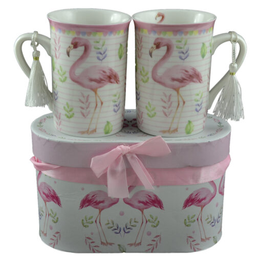 Set 2 cani realizate din ceramica in cutie cadou - Design cu flamingo