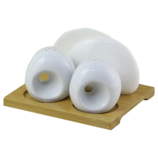 Set solnita/pipernita cu suport servetele din ceramica cu suport din bambus - White