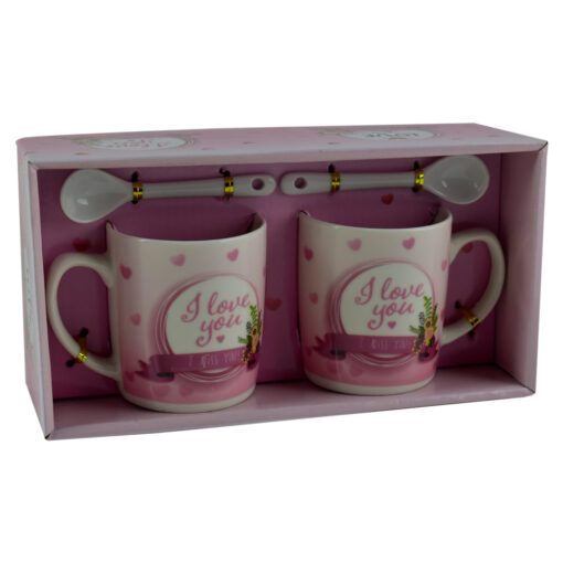Set 2 cani cu lingurita realizate din ceramica - Design cu inscriptia "I Love You" - Diverse modele