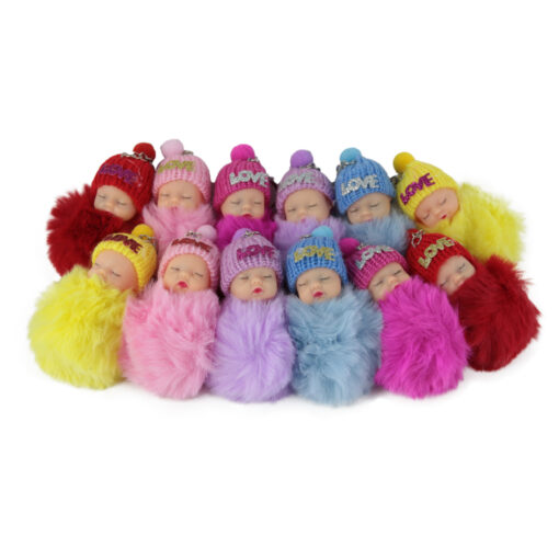 Set 12 brelocuri bebe cu pompon pufos si mesajul "Love" 9 CM