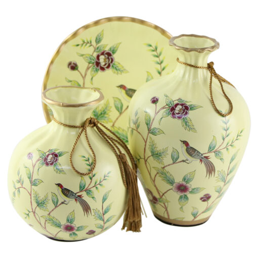 Set din ceramica, 2 vaze si o farfurie decorativa - Pasare, Crem