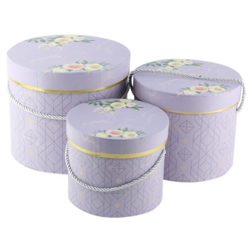 Set 3 cutii cadou rotunde cu capac si snur 22 CM, Mov