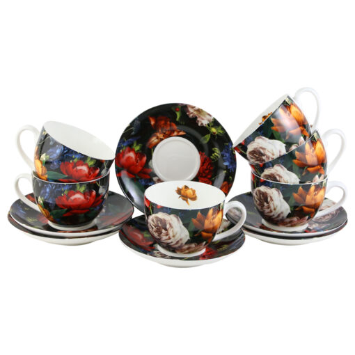 Set 6 cesti cu farfurii din portelan 250 ml "Dark Flowers", in cutie decorativa