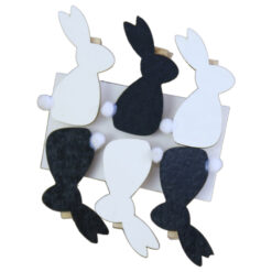 Set 6 cleme decorative cu Iepurasi din lemn 6 CM - Alb/negru