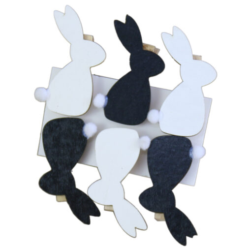 Set 6 cleme decorative cu Iepurasi din lemn 6 CM - Alb/negru