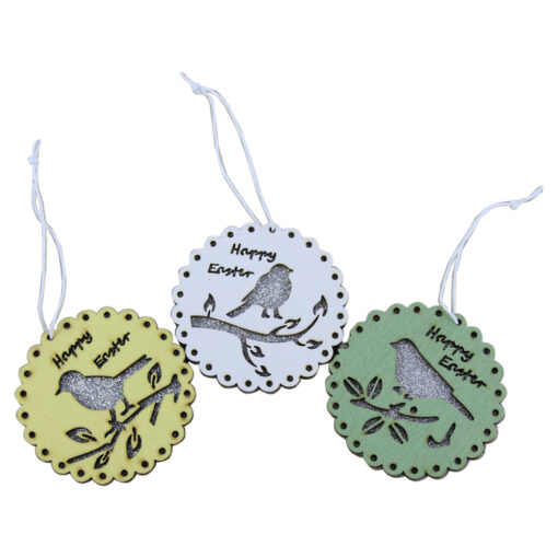 Set 3 decoratiune din lemn cu pasare "Happy Easter" 7 CM