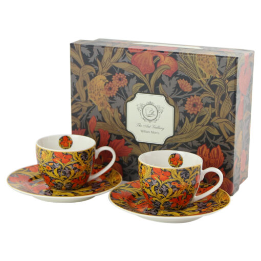 Set 2 cesti espresso cu farfurii din portelan 110 ml, "Orange Irises" de William Morris