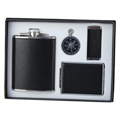 Set cadou pentru barbati, 4 piese - Plosca, tabachiera, bricheta, busola