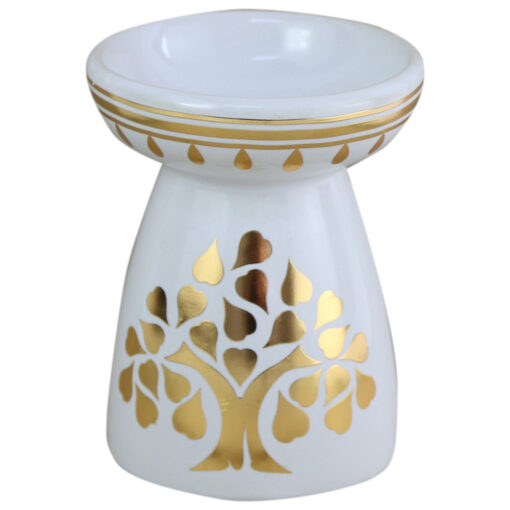 Candela aromaterapie din ceramica Copac, 11.5 CM, Alb/auriu