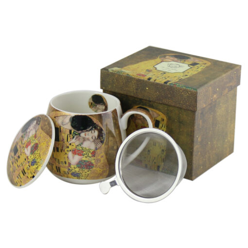 Cana portelan cu infuzor metalic si capac 430 ml, Gustav Klimt "Sarutul", in cutie decorativa