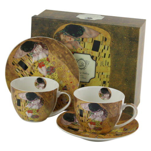 Set 2 cani cu farfurii din portelan 280 ml, Gustav Klimt "Sarutul", in cutie decorativa