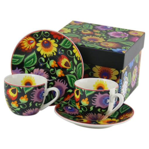 Set 2 cesti espresso cu farfurii din portelan 90 ml, "Etnic", in cutie decorativa
