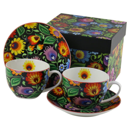 Set 2 cani cu farfurii din portelan 270 ml, "Etnic", in cutie decorativa