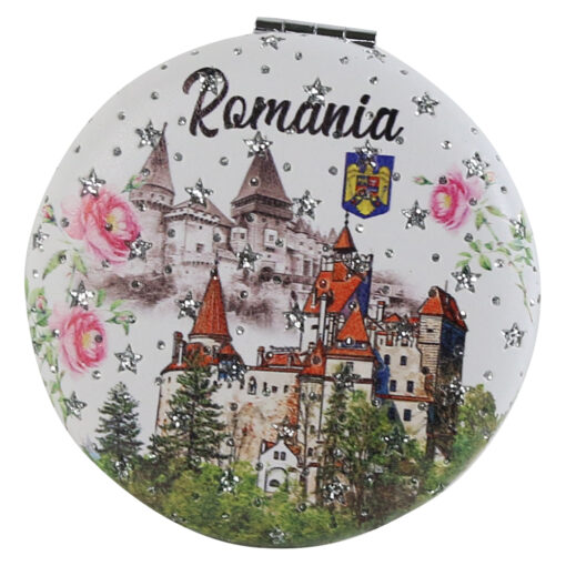 Oglinda de buzunar "Romania" 7 CM, Castele, cu sclipici