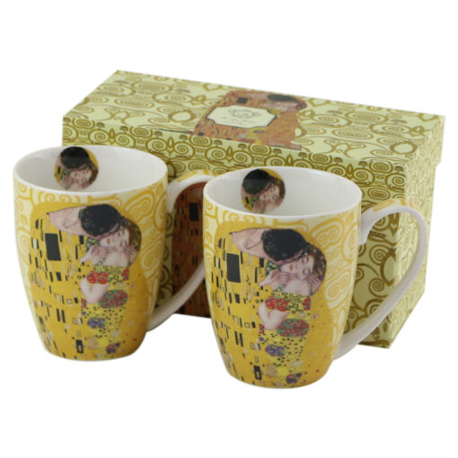 Set 2 cani din portelan 350 ml, "The Kiss"de Gustav Klimt, Ecru, in cutie decorativa